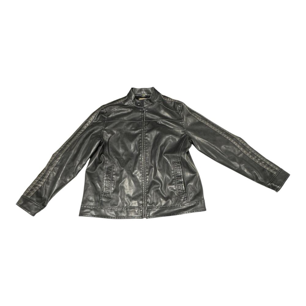 R & O Men's L Faux Leather Biker Bomber Jacket Black/Gray Stripe Wolverine Logan